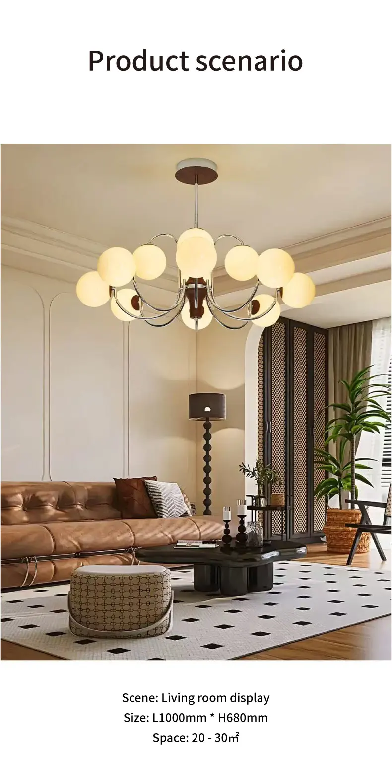 Glass Globe E27 Chandelier Living Room Wood Pendant