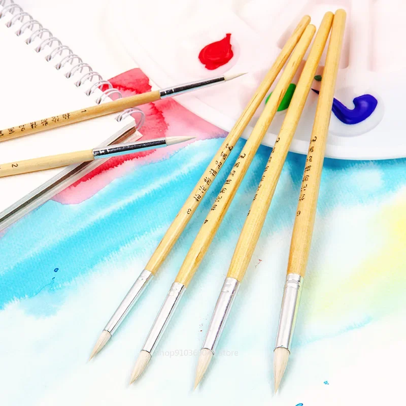 6pcs/set Wool Pointed Watercolor Brush with Wooden Handle Artist's Stroke and Outline Pen Gouache/acrylic Painting Art Supplies