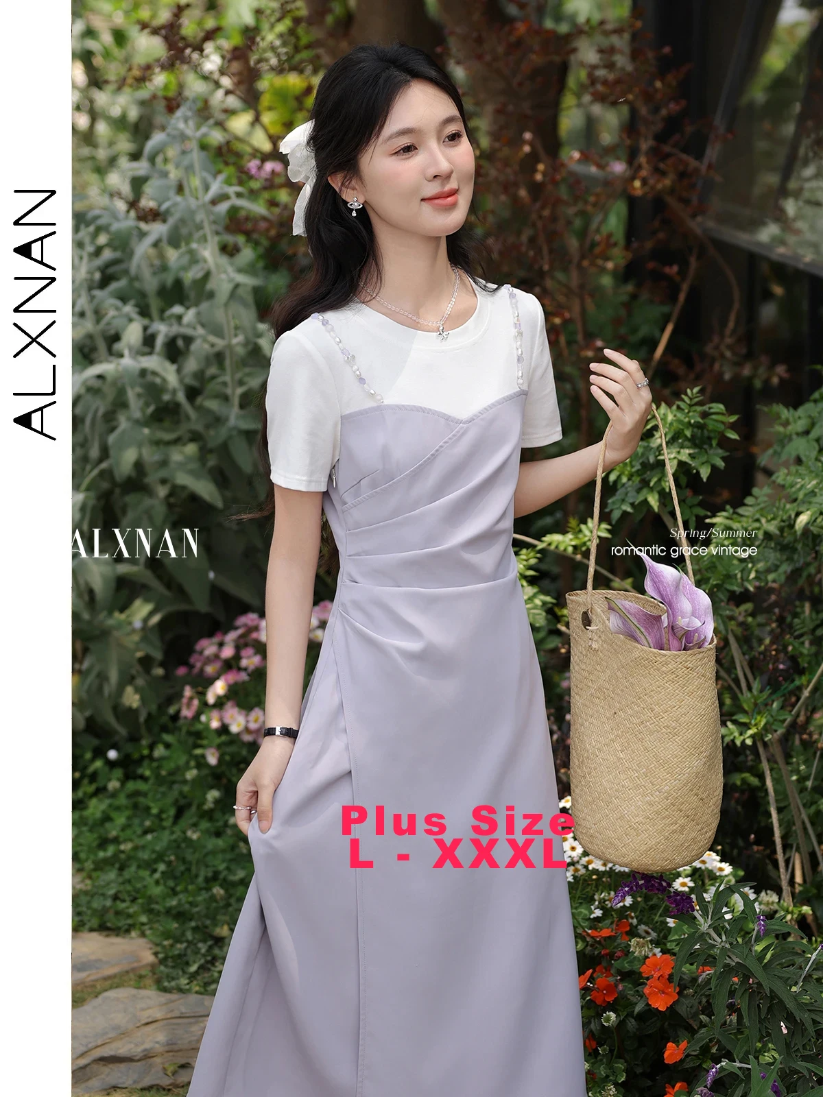 

Платье ALXNAN больших размеров, длинное, фиолетовое, элегантное, с лоскутным узором, женское, летнее, для отпуска, пляжное, с коротким рукавом, модель D10553