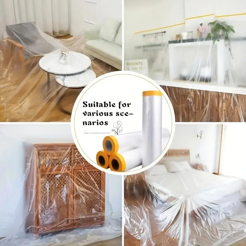 

12M Long 180cm-280cm Width Car Paint Masking Film Protective Film Plastic Pre-Taped PE Film Paper Furniture Dust-proof Cover