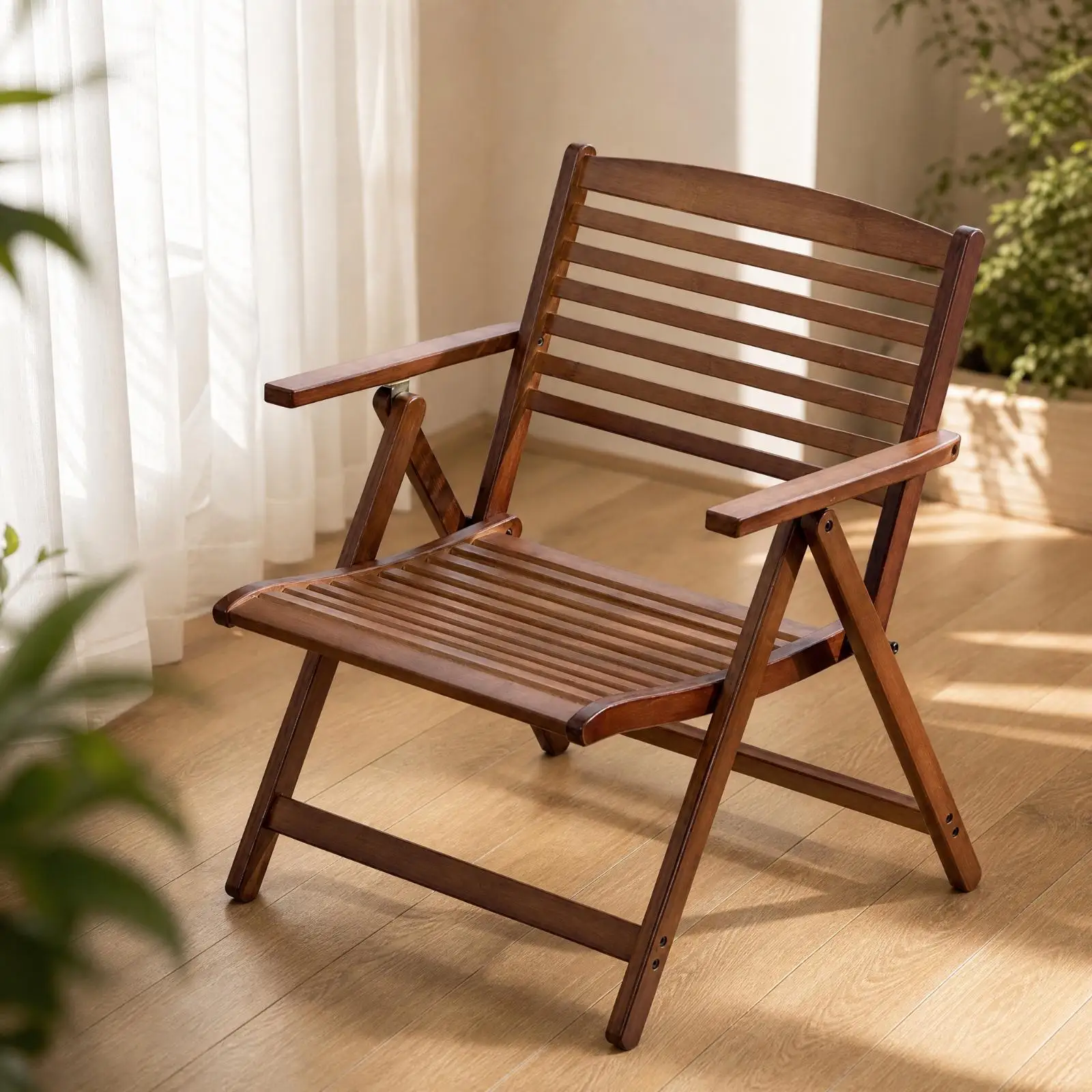 Bamboo Folding Leisure Seat with Armrest Lightweight Rattan Chair Foldable Compact Storage for Indoor Outdoor Seating