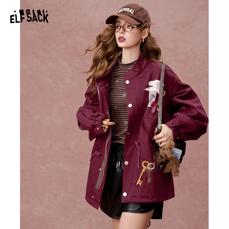 Elfsack 2024 outono recém chegados americano retro impresso trench coat para mulher, jaqueta de trabalho