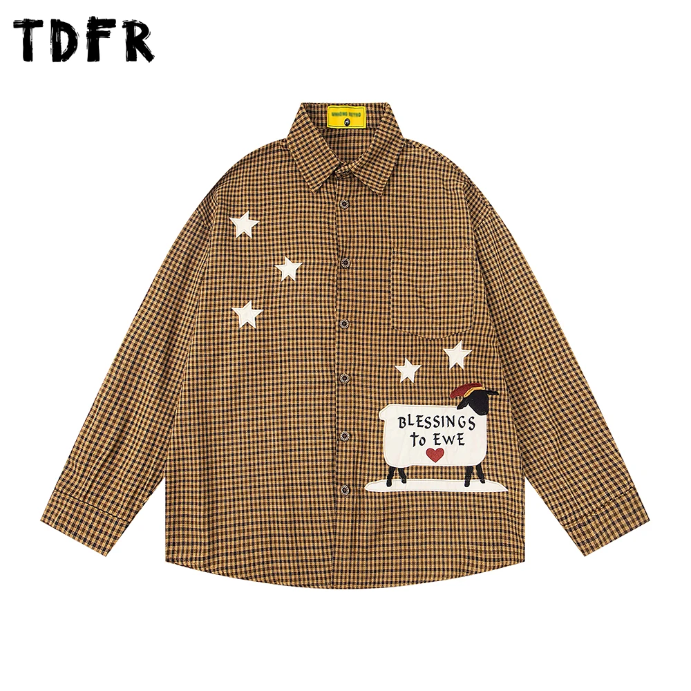 

Patch Embroidery Plaid Shirts Mens Autumn Casual Retro Loose Single Breasted Lapel Long Sleeve Cotton Shirts Man