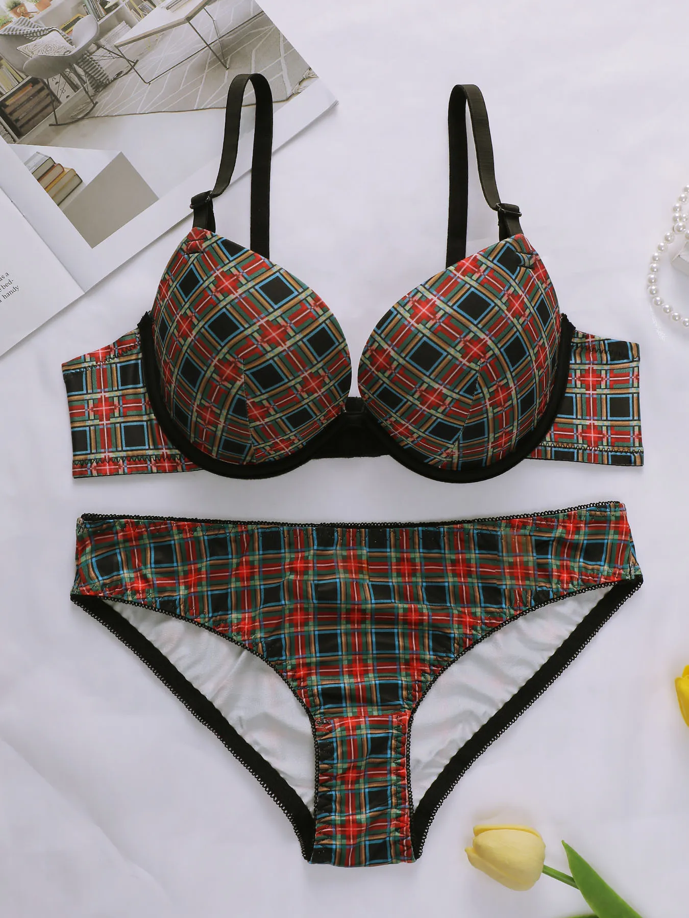 

Женский комплект сексуального нижнего белья в клетку со стальными ободками, собранные бретели пуш-ап, регулируемый повседневный комфортный бюстгальтер J0120