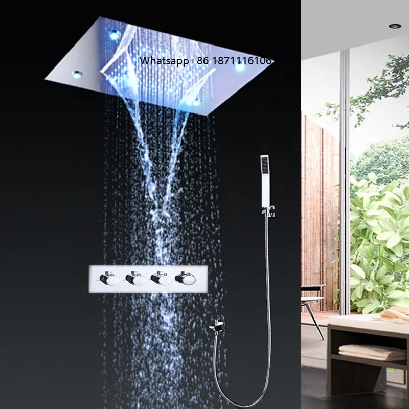 Stainless Steel Ceiling Mount 360x500mm Rainbow Color Rainfall Waterfall Overhead Shower Multi-Function LED Shower Head Set