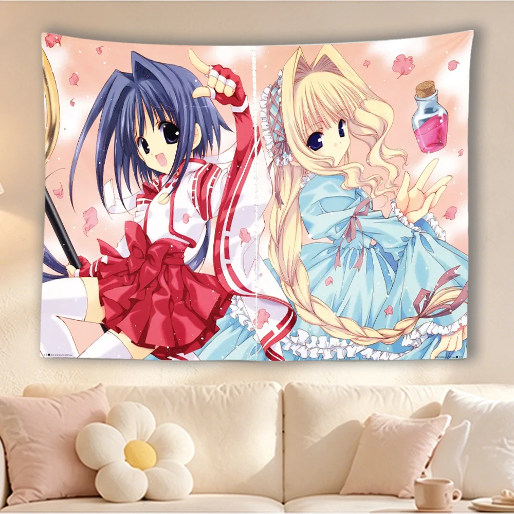 Vintage Japanese Style Anime Twin Girls Tapestry Cat‑Ear Blonde Braid Magic Bottle Floral Petal Wall Hanging
