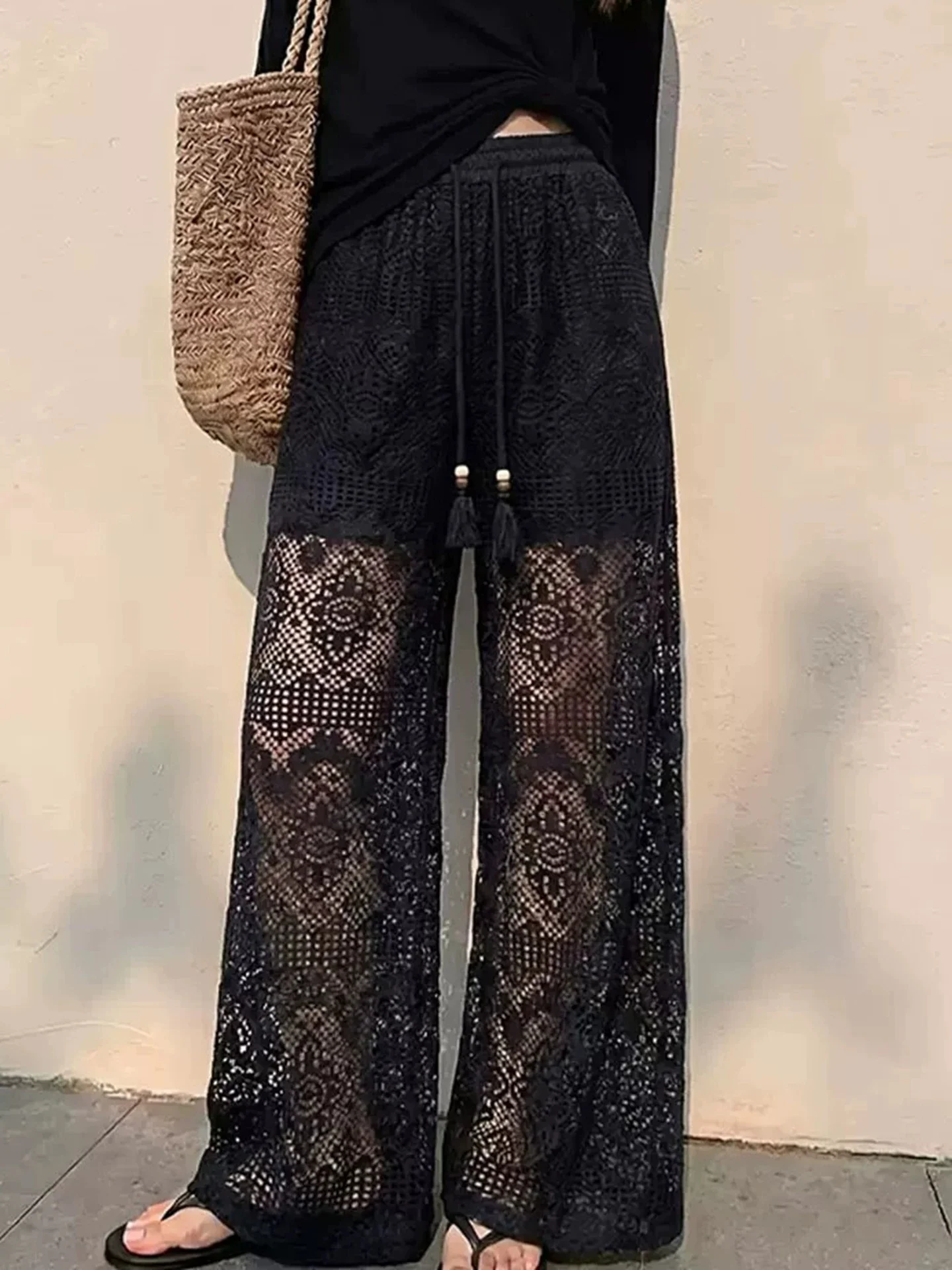 

Black Lace Hollow out Wide Leg Pants Women's Summer New Elastic Waist Vacation Style Fashion plus Size Straight Leg Trousers
