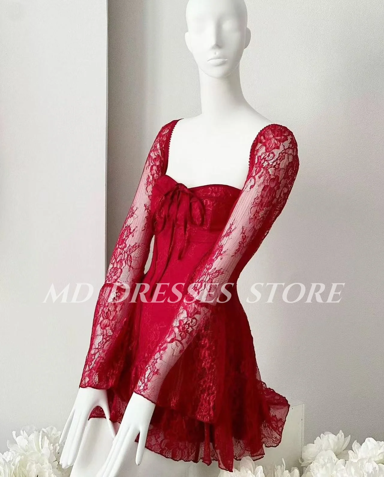 MD قصير ألف خط ثوب مسائي الدانتيل ساحة طوق فوق الركبة كم كامل فستان كوكتيل vestidos de festa فستان حفلات مخصص