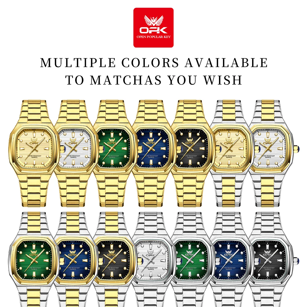 OPK 6044 ساعات رجالية أصلية من الفولاذ المقاوم للصدأ مقاومة للماء ساعة رجالية جديدة بمينا مربع ساعة كوارتز مضيئة للرجال
