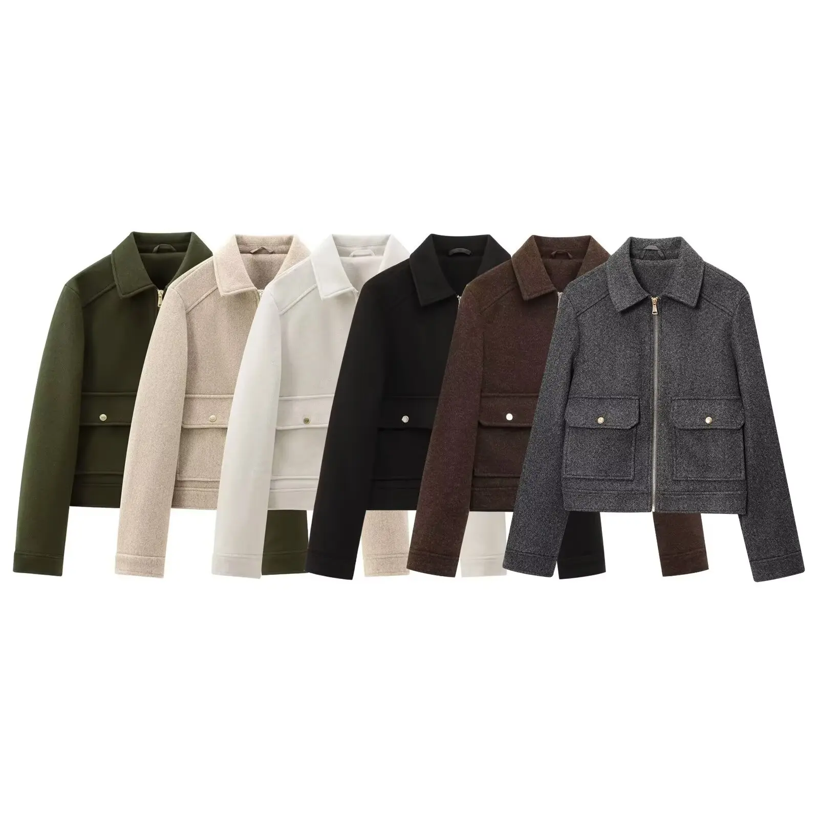 

2025 WOMAN Summer New Fashion Zipper Short Jacket Coat Vintage Lapel Long Sleeve Pockets Casual Female Outerwear Chic Tops