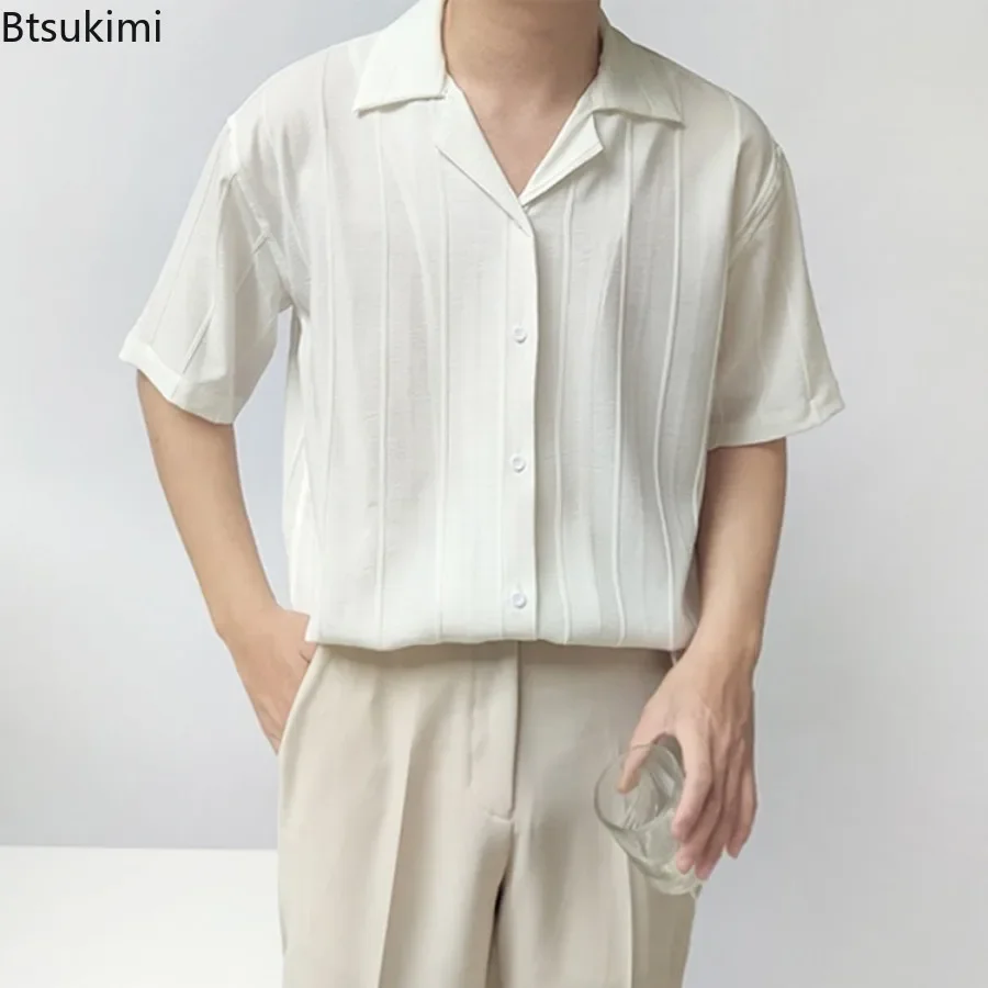 Fashion New Men's Short Sleeve Lapel Shirts Solid Striped Design Loose Casual Shirts High Quality Non-ironing Shirt Tops for Men
