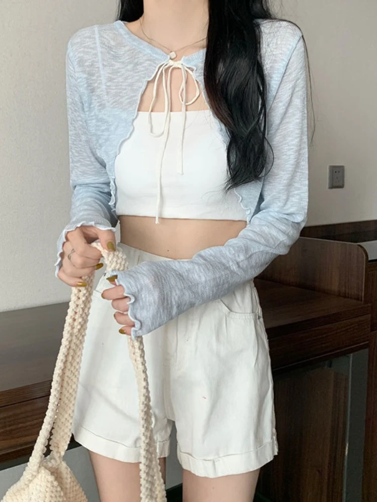 Sun Protection Outerwear Loose Versatile Cover Up Long Sleeve Thin Crop Top 2026 Summer Ice Silk Knit Women Cardigan Shawl