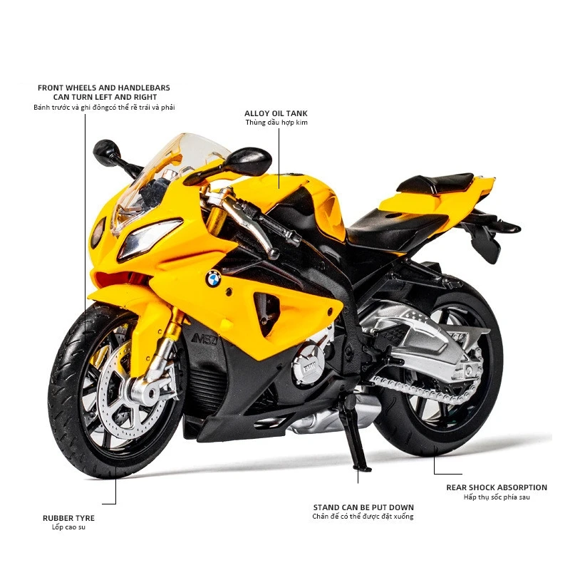 Risopen Miniature BMW S1000RR 1/12 – Moto En Alliage Métallique, Tête Orientable Et Selle Mobile, Modèle De Course Blanc