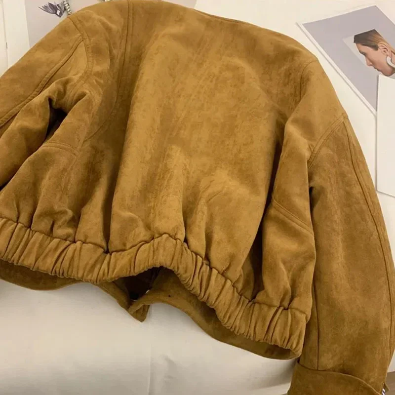 Suede Short Jacket 2024 Women  Camel Fashion Long Sleeve Flight Suit Harajuku Single Breasted Loose Tops Female Vintage Coats