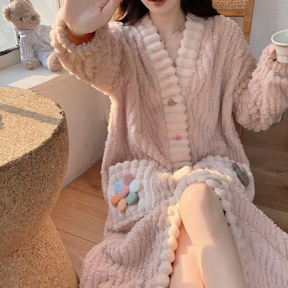 Sweet Thickened Women Sleepwear Nightwear Warm Soft Ladies Pajamas Homewear Coral Fleece Loungewear Cardigan Suit Autumn Winter