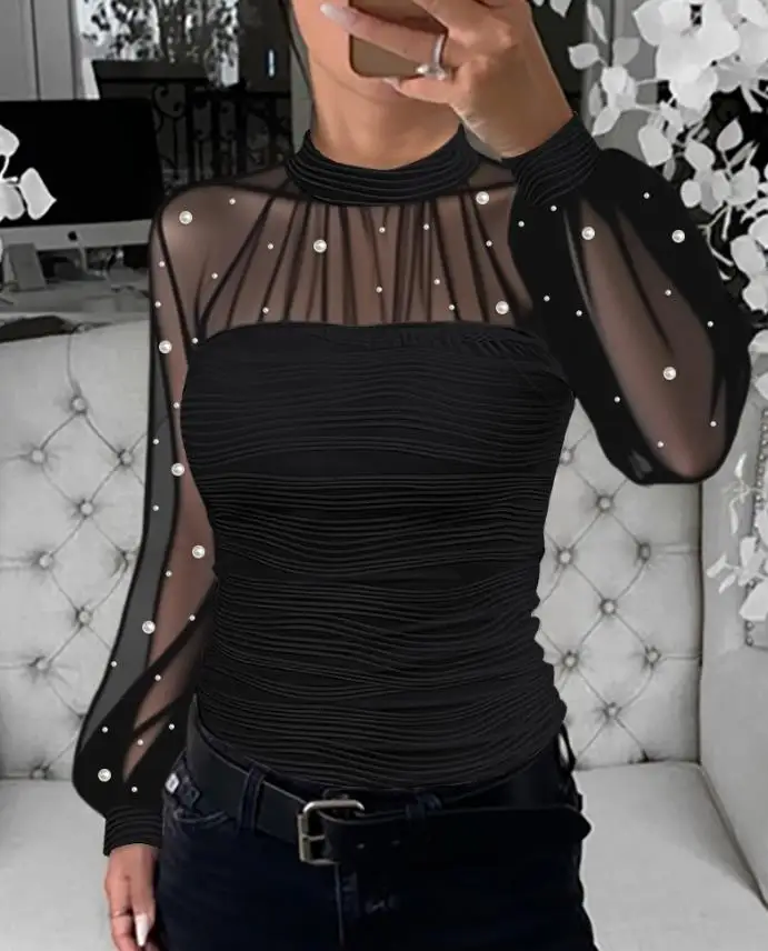 المرأة مثير تي شيرت اللؤلؤ ديكور عالية الرقبة فانوس كم بقماش شفاف تقسم المحملة امرأة موضة سليم محكم #5