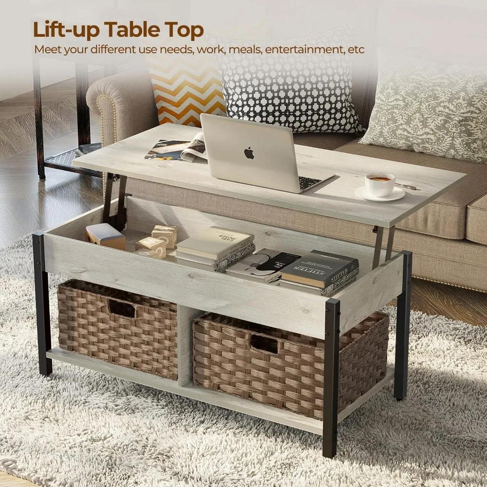 Elevator coffee table with hidden storage compartment, wooden elevator table top and, for living room