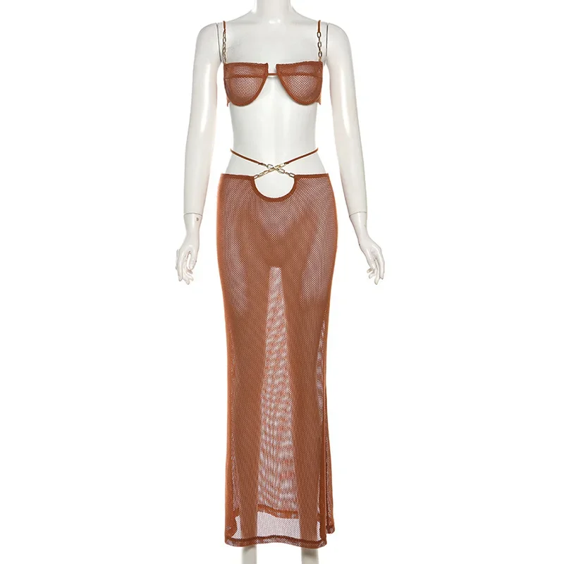 

Women Sexy Hollow Out Mesh 2 Piece Set Metal Chain Spaghetti Straps Bandage Bra Top Bodycon Maxi Skirts Holiday Party Clubwear