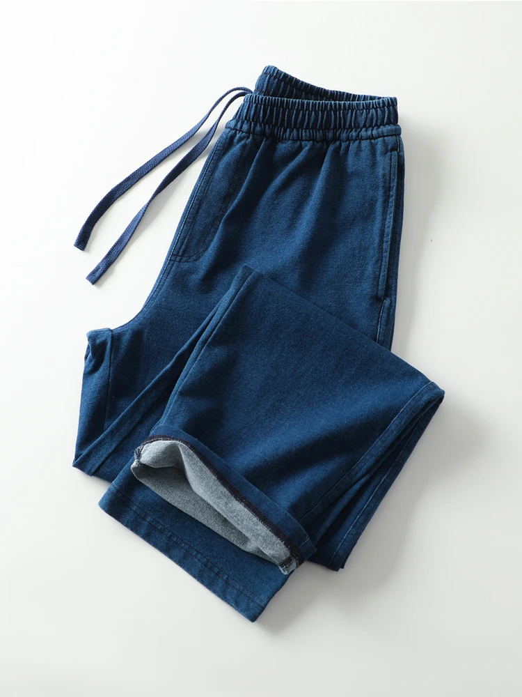 

Indigo Waed Comfortable Stretchy Men's Faionable Elastic Waist Straight Leg Fce Lined Denim Jeans Casual Cotton Blend
