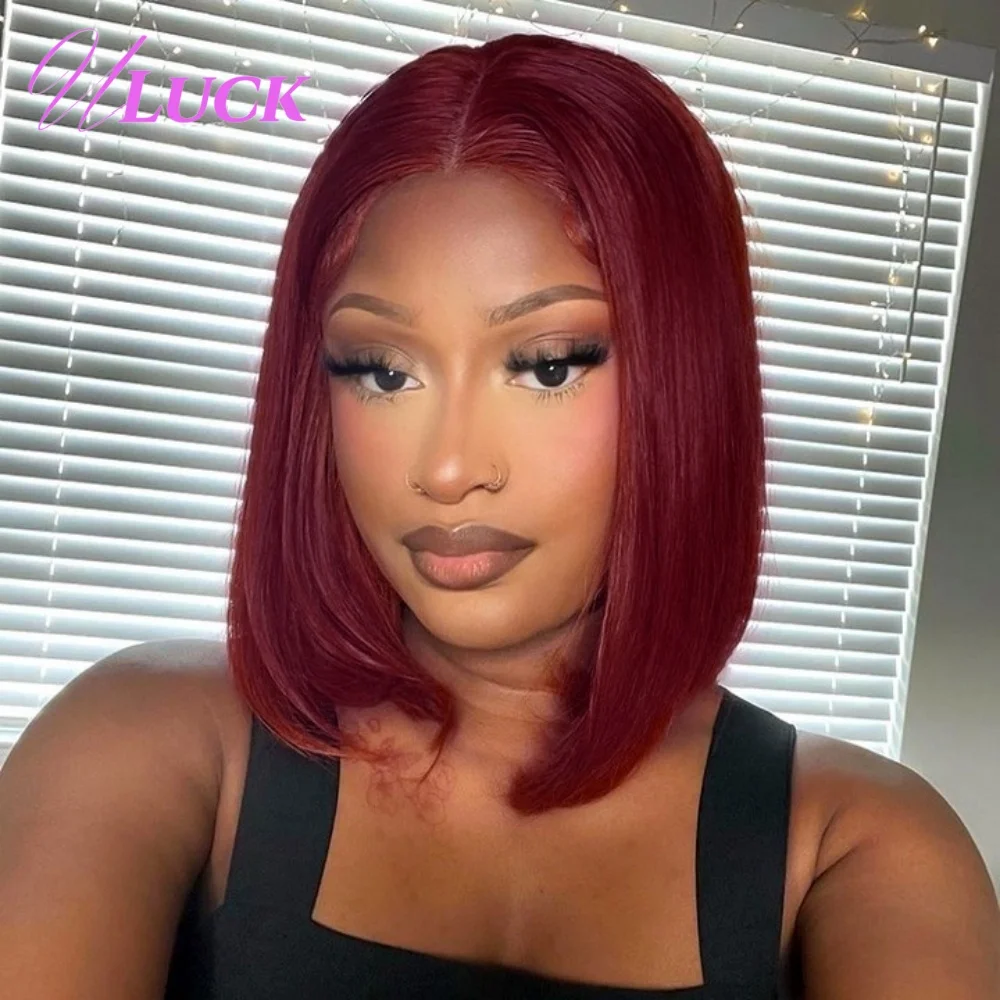 

Uluck Double Drawn Bone Straight Bob Wigs Burgundy 99J Colored 13x4 Lace Frontal Wigs 200% Density Remy Human Hair Wig For Women