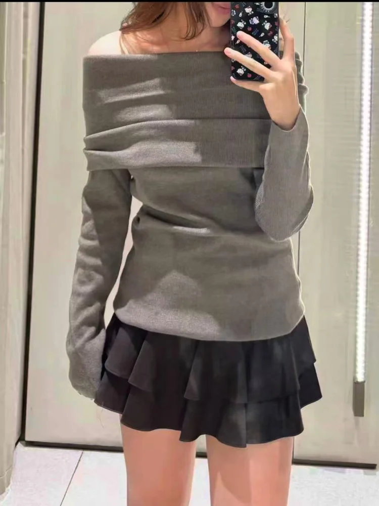 

Sweet Knitted Bridesmaid Top oulder Bared Slim Fit One oulder Folded Hemline French Sle Polyester Fiber Long Sve Wom...