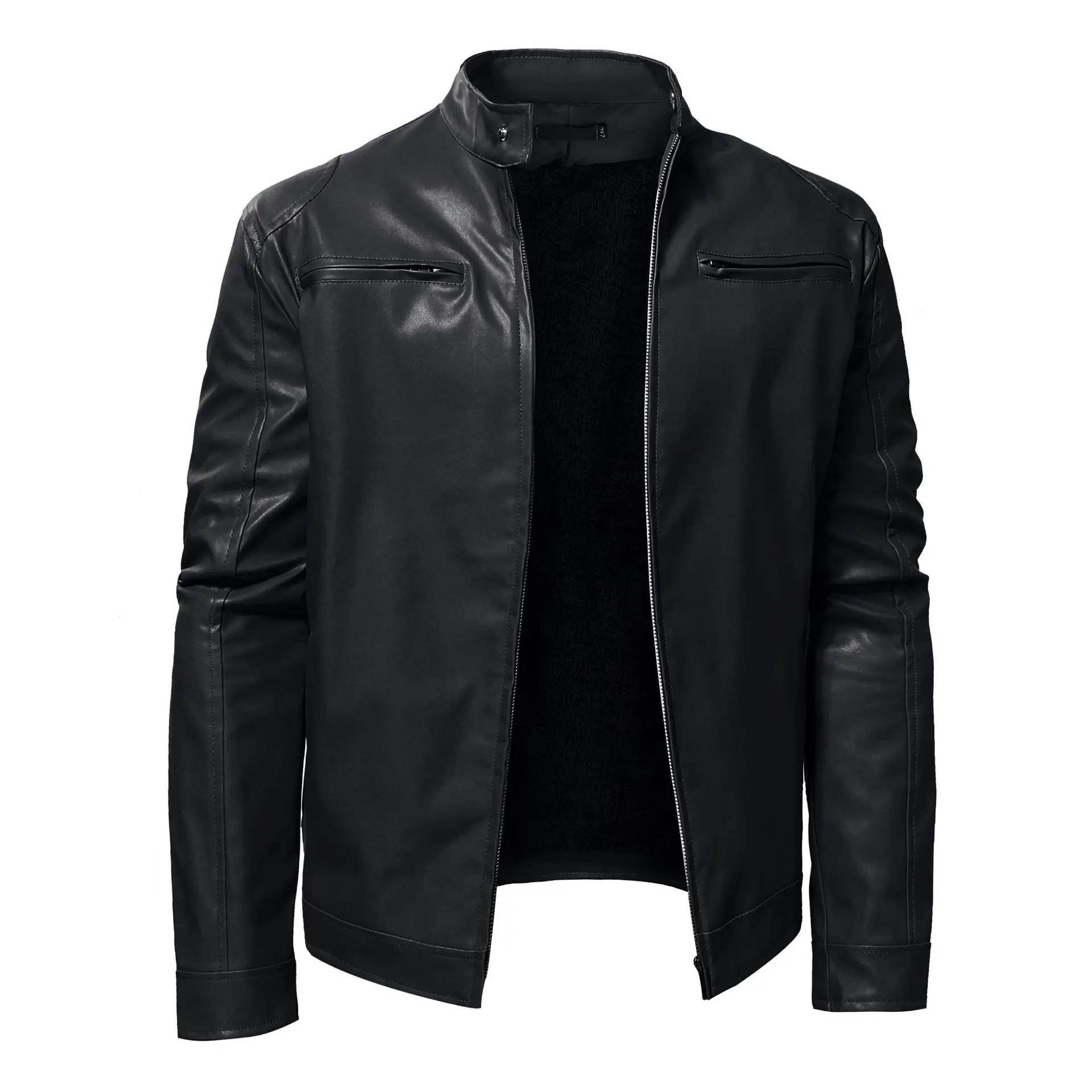 Autumn New Men's Business Fleece Thickened Zipper Cardigan Stand-up Collar Large Size Leather Jacket Men