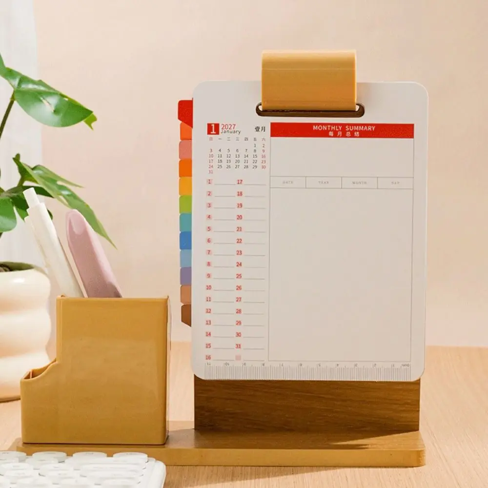 Creative Wood 2027 Desk Calendar Pen Holder Creative Pen Holder Calendar Multifunctional Desktop Planner Stand Desk Organization