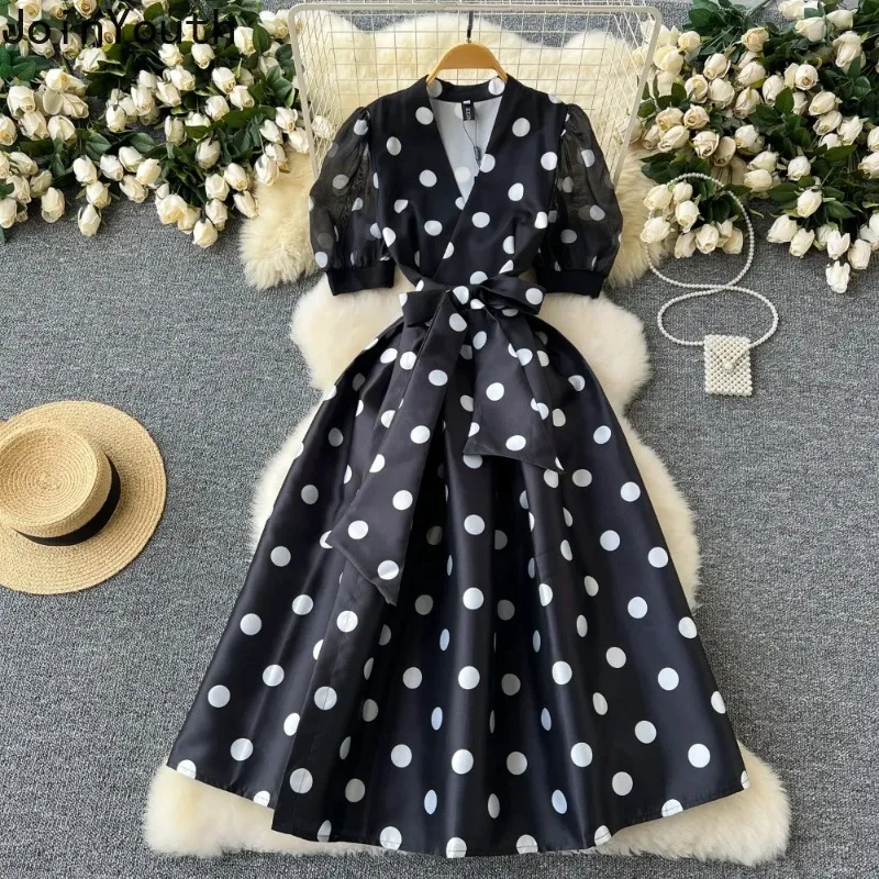 Summer Dress Women V Neck Puff Sleeve Robe Bandage Slim Waist Vestidos De Mujer Big Swing Polka Dot Vintage Maxi Dresses 7o040