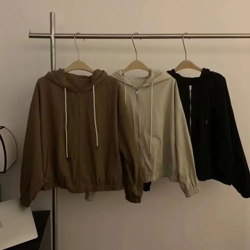 

Drawstring Long Sleeved Hooded Loose Thin Sunscrean Sweatshirts for Women Korean Ins Clothing Hooded Cardigan Holiday