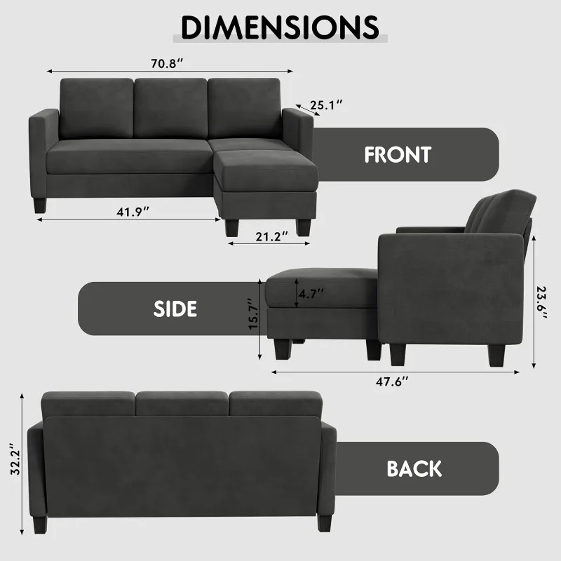 Convertible Sectional 3 L-Shaped Couch Soft Seat with Modern Linen Fabric , Apartment and Office, 70'', Dark Gray