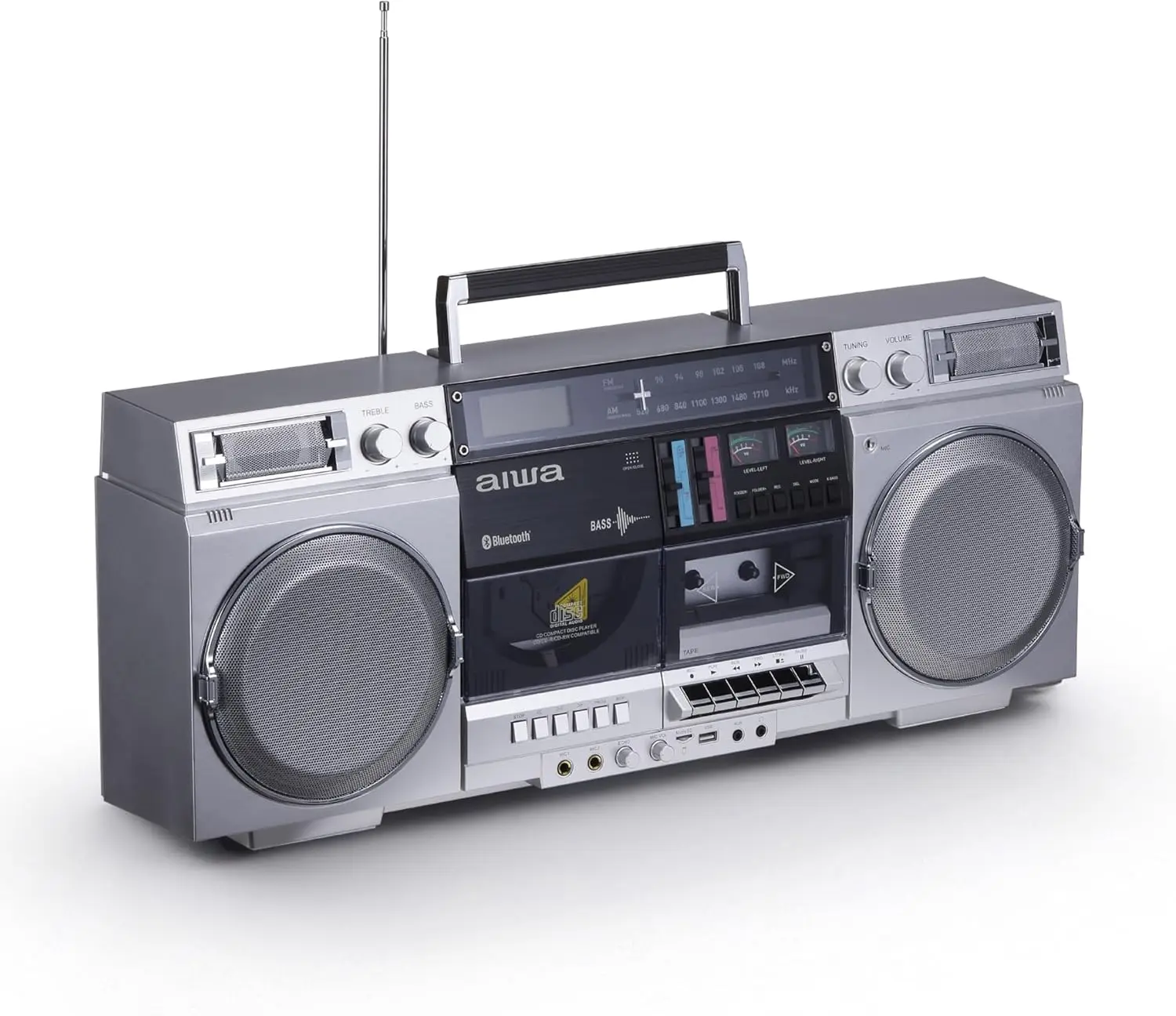 Retro CD Boombox with Cassette Recorder, Bluetooth 5.0, AM/FM Radio, USB/SD/AUX Inputs, VU Meters, LCD Display, Dual 40W Speakers - Silver