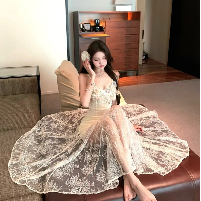 Rete in pizzo ricamato pesante Puro desiderio Vacanza Lungo Dr Estate Nuovo Sle Bellissimo Strapl Dr Coreano Sle Vita alta