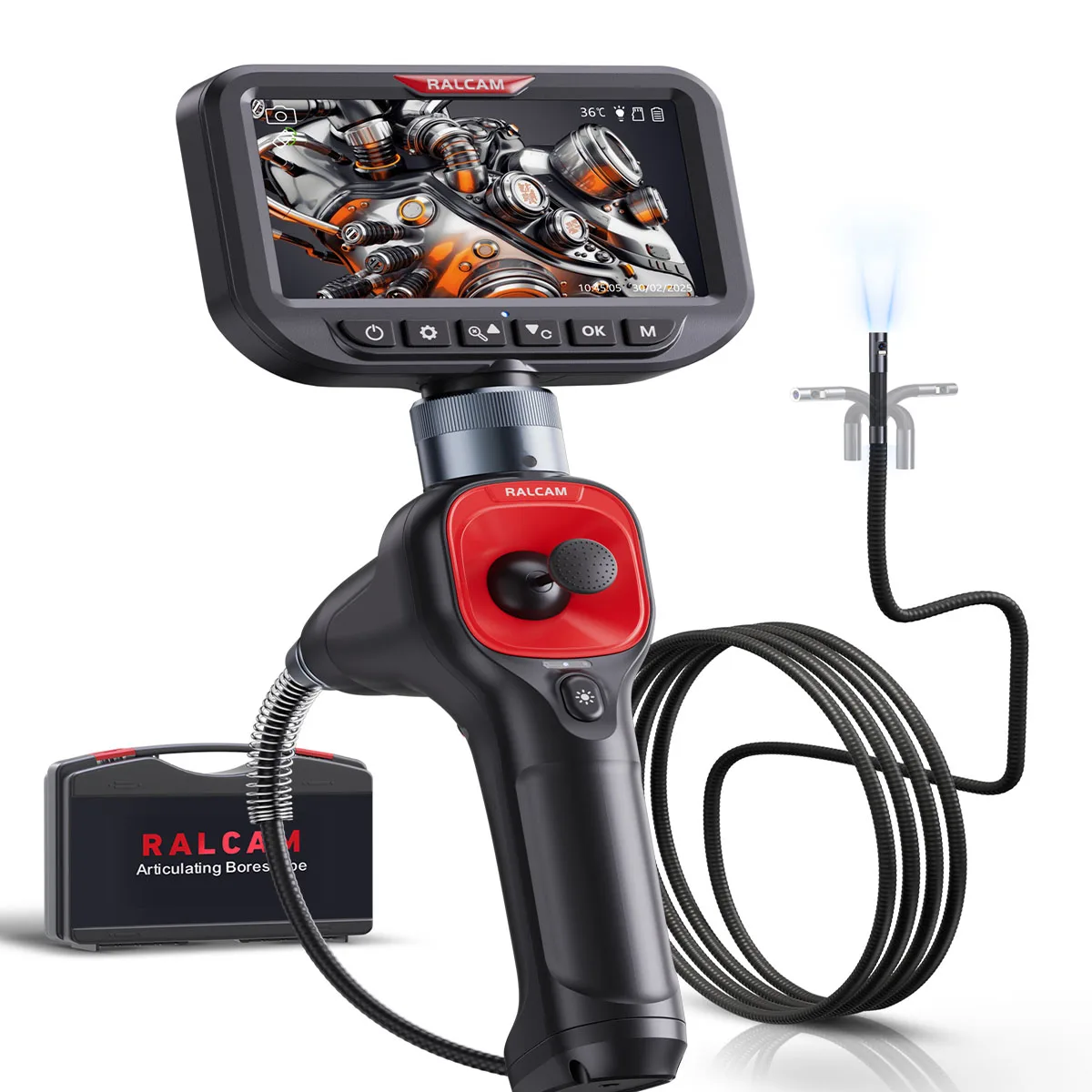 

RALCAM Two-Way 360° Articulating Borescope 5 inch Screen,6.5mm Steerable Probe Inspection Camera 6+1 LED Automotive Endoscope