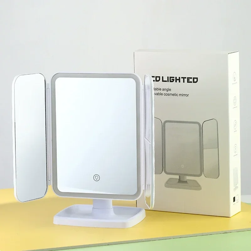 Espejo de maquillaje LED portátil plegable recargable por USB pantalla táctil atenuación de mano con aumento 3X espejos cosméticos de viaje