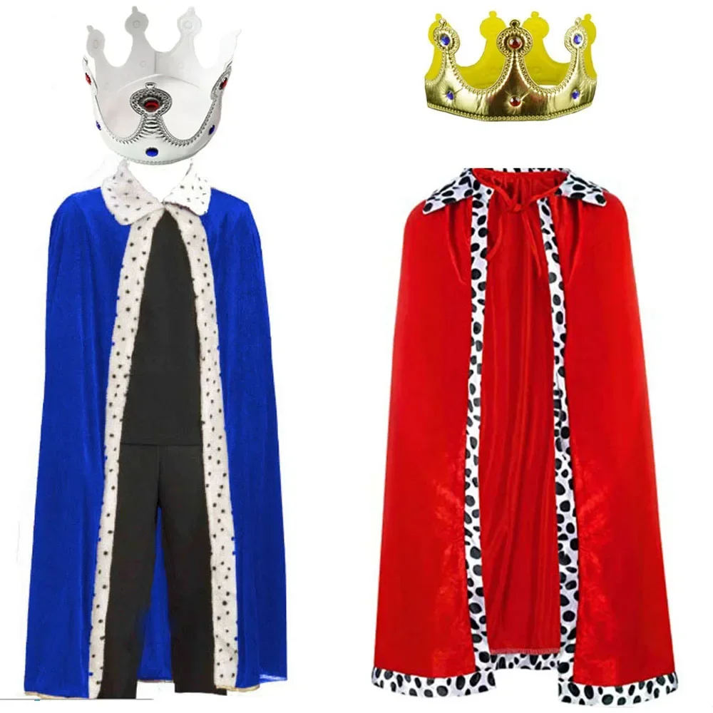 ผู้ใหญ่ผู้ชาย Retro Medieval Court King Prince เสื้อคลุมมงกุฎหมวกวันเกิดสีแดงสีฟ้าอุปกรณ์เสริมฮาโลวีนเครื่องแต่งกายคอสเพลย์