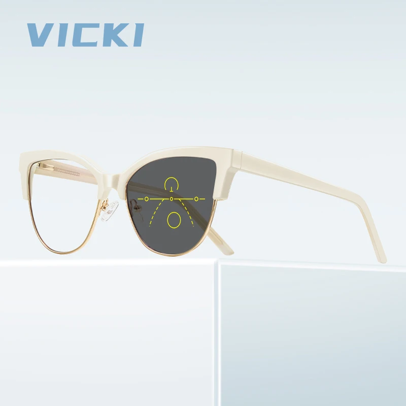 VICKI New Classic Simple Design Fashion Cat Eye Photochromic Multi-focus Glasses Can Be Customized Prescription PFD2174