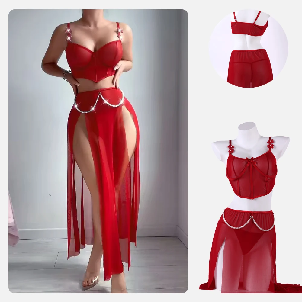 

Sexy Lingerie Sets for Women Erotic Costumes Bow Knot Patchwork Mesh See-through Women's Underwear Suit Bra Tassel Slit Skirts