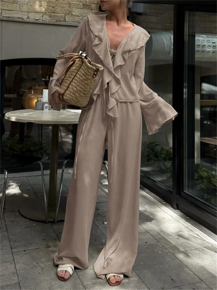 

Tossy Ruffled Lace-Up 2 Piece-Set Women's Pants Hollow Out Loose Shirts And High Waist Straight Trousers Outfits Female Sets New