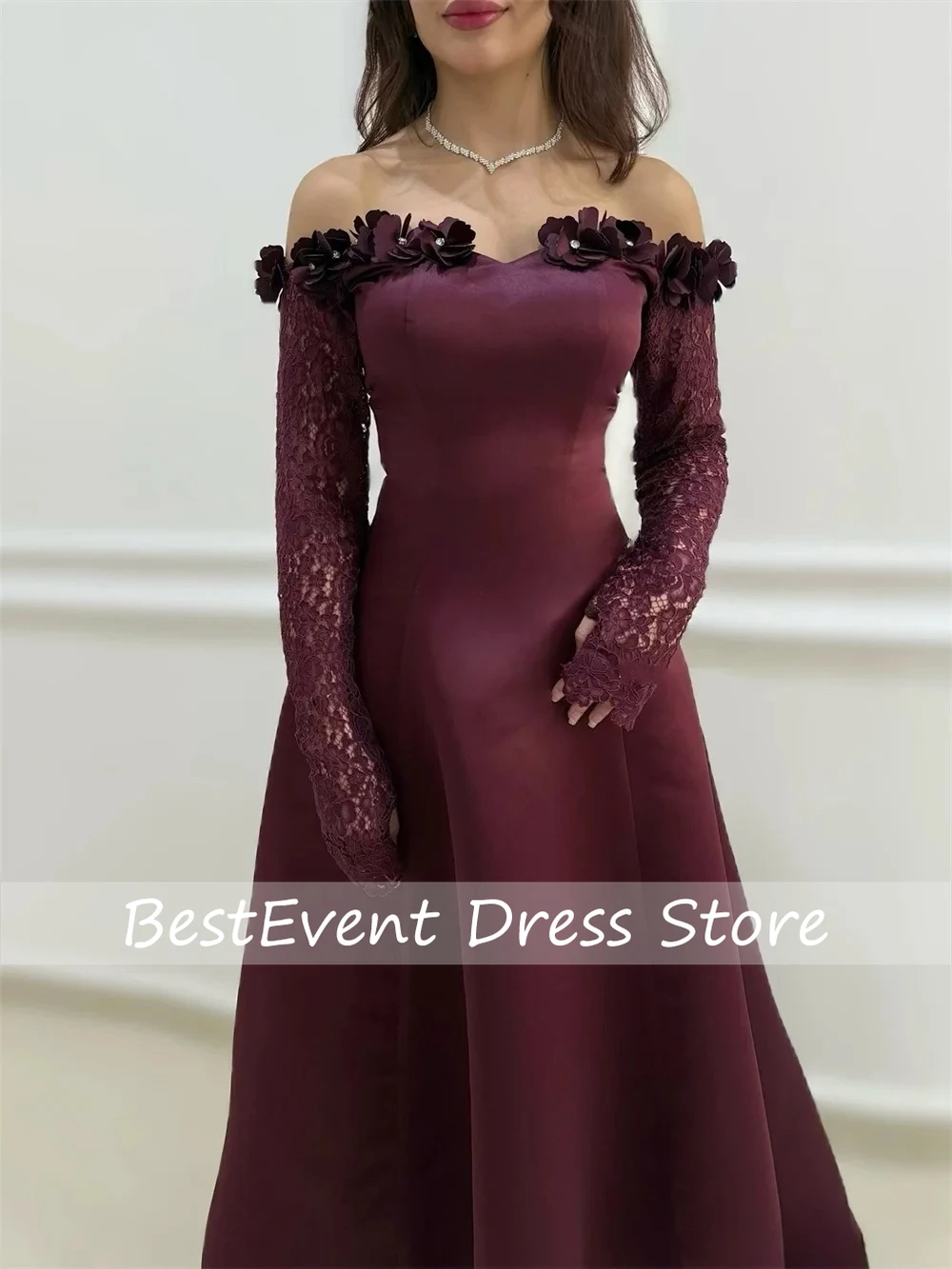 

Customized Boat Collar 3D Flowers Handmade Lace A-line Floor Length Evening Dresses Long Sleeve Bespoke Occasion Dresses
