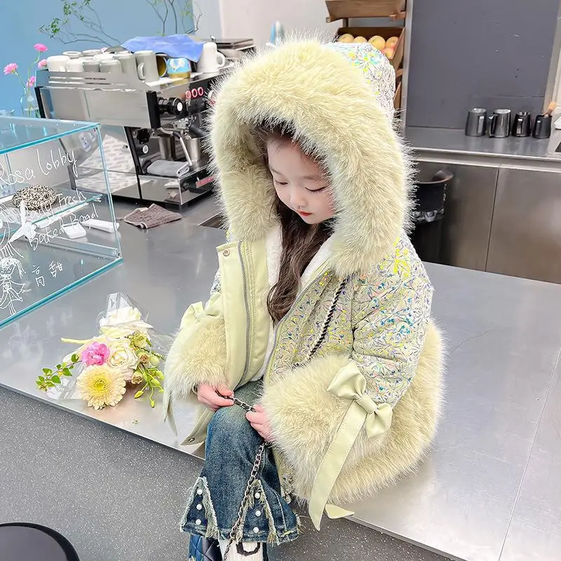 Winter Warm Jackets New Year Cotton Coats Cute Girls Jackets Baby Plus Velvet Thick  Kids Hooded Outerwear Children Shiny Coat