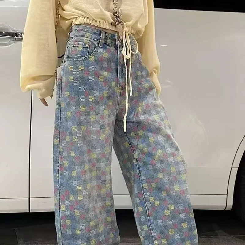 Women Vintage High Waisted Straight Jeans New Color Checkerboard Oversized Casual Wide Leg Denim Baggy Pants Y2K Female Trousers