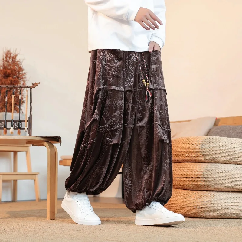 Velvet Pants Men's Autumn Winter Retro Dragon Print Loose Pants Men Chinese Style Casual Wide Leg Trousers For Men Plus Size 5XL