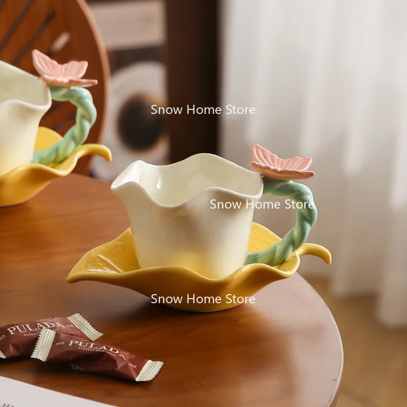 High-value Coffee Cup, Flower Language Butterfly Ceramic and Saucer Set, Free Spoon, Exquisite  Cute Couple Pair Cup
