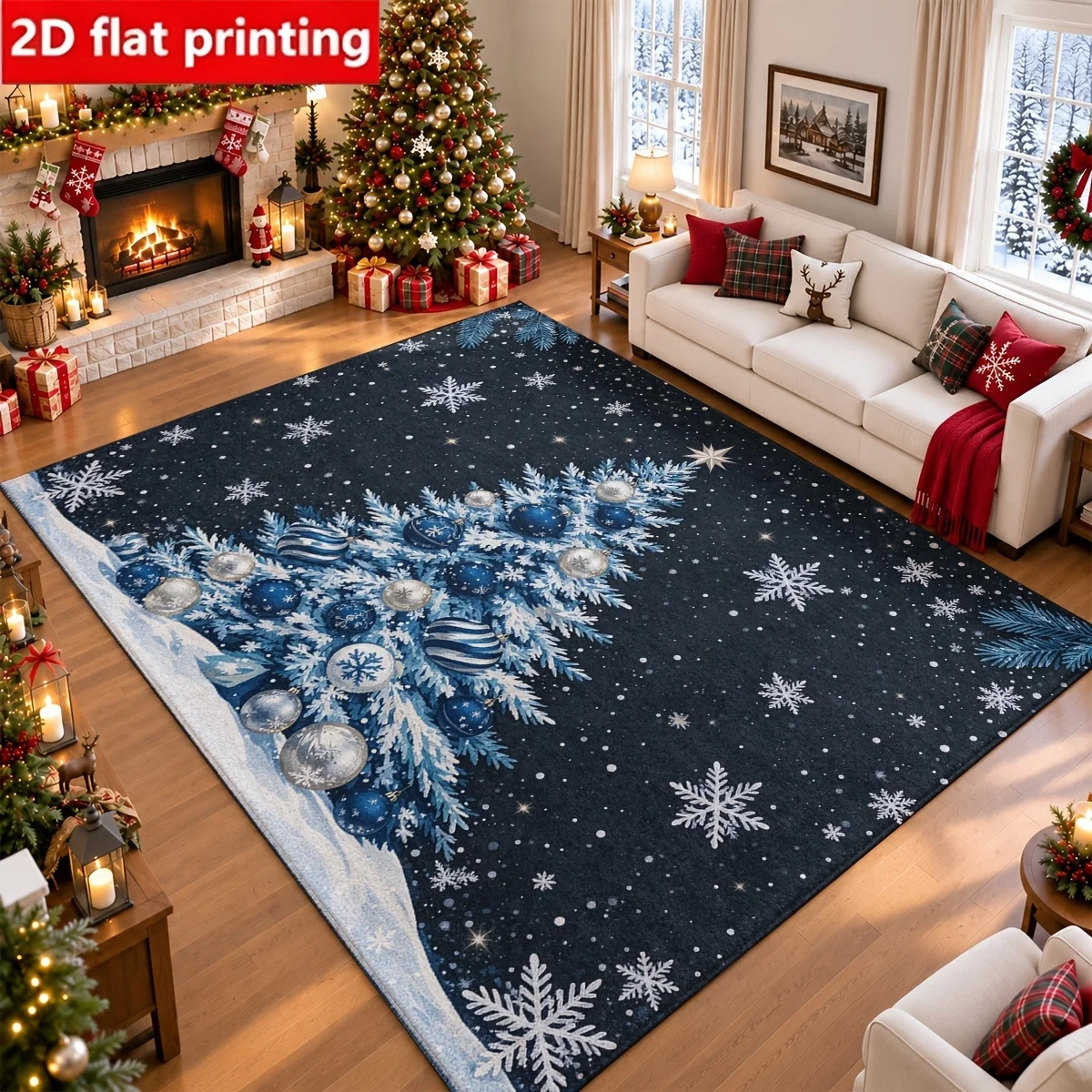 Red Christmas Snowman Area Rug Pine Leaf Holly Berry Colorful Bauble Snowflake Print Large Floor Mat Winter Holiday Decor Carpet