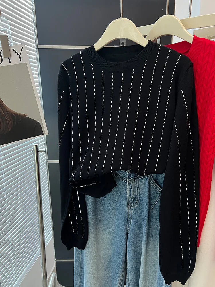 Faionable High-End Camere Knitwear Autumn Loose Casual Comfortable Long Sve Women's Top Diamond-Embedded Korean Sle