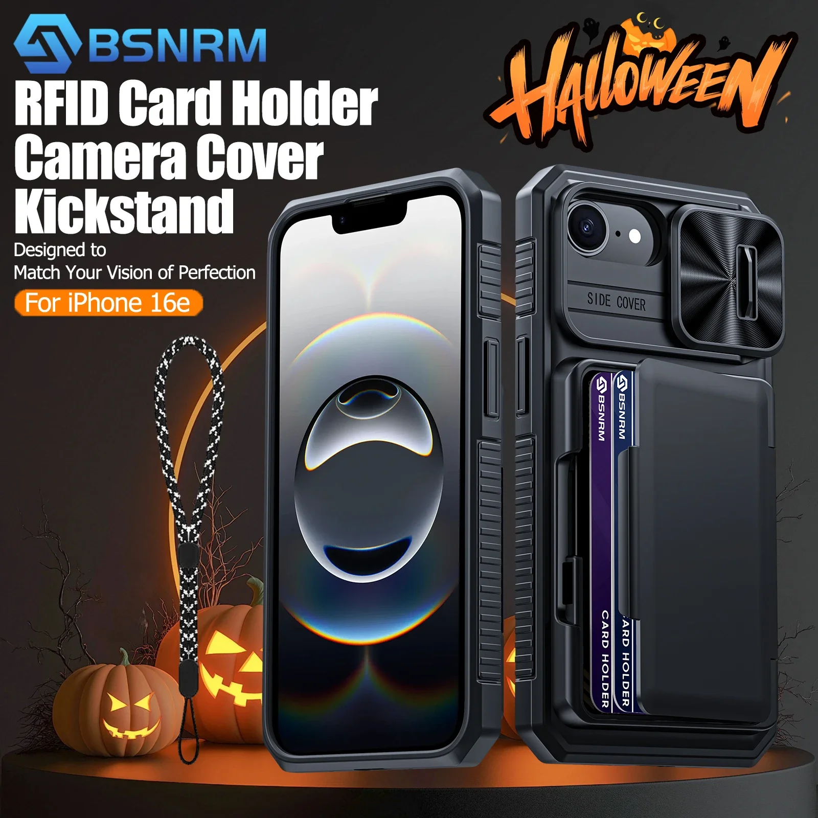 هدايا الهالوين، حامل بطاقات محفظة RFID، غطاء كاميرا، جراب هاتف واقٍ متين مقاوم للصدمات لهاتف iPhone 16 E-Black