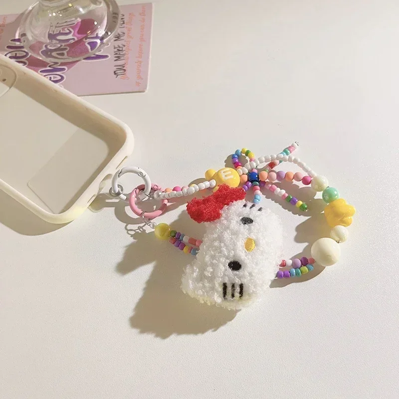 Sanrio Colorful Beaded Keychain Hello Kitty Kawaii Cartoon Plush Phone Strap Wrist Strap Backpack Pendant Decoration Gifts image 5