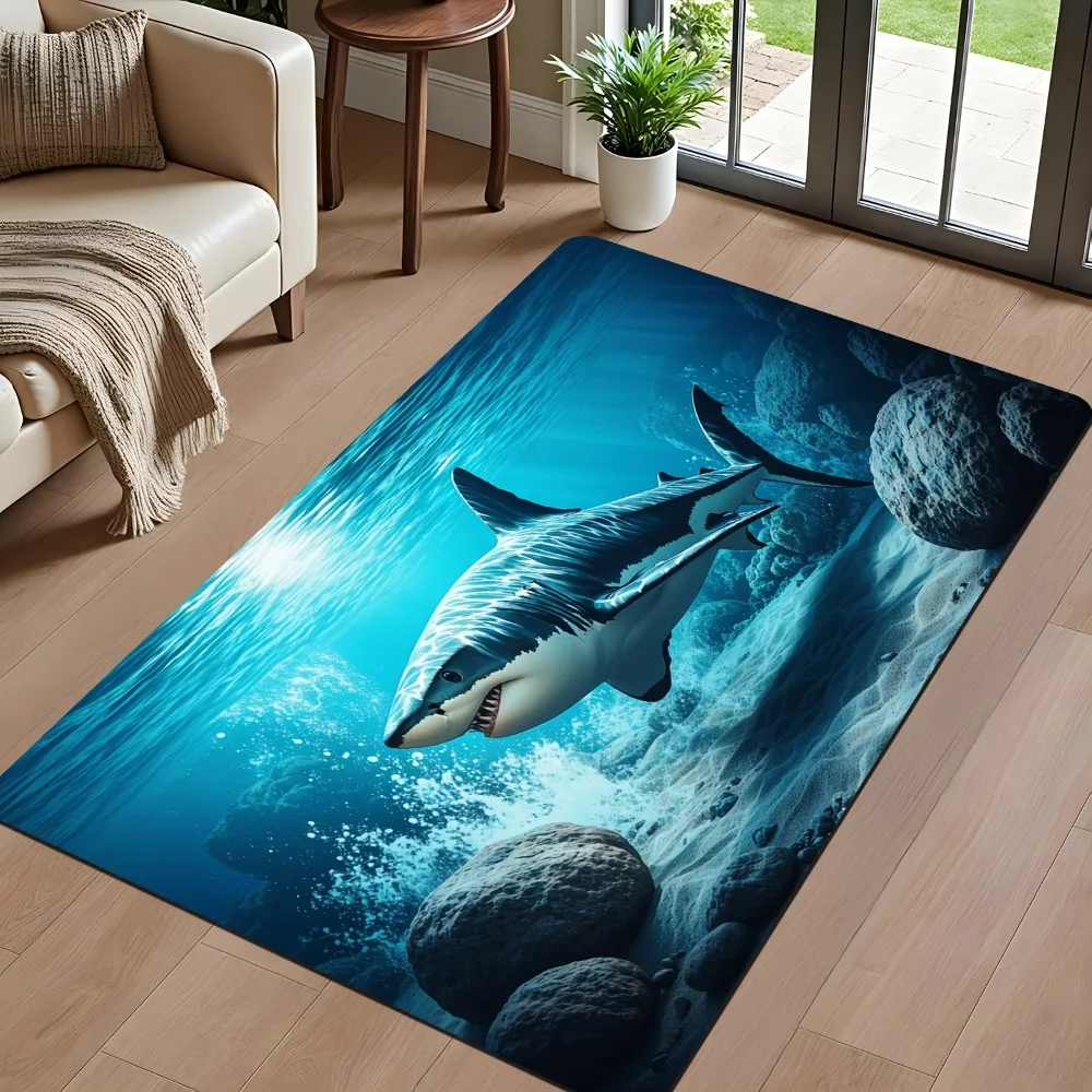 Shark Pattern Design Rectangular Area Rug, Non-Slip Floor Mat for Living Room Bedroom Study, Outdoor Patio Garden Entryway Decor