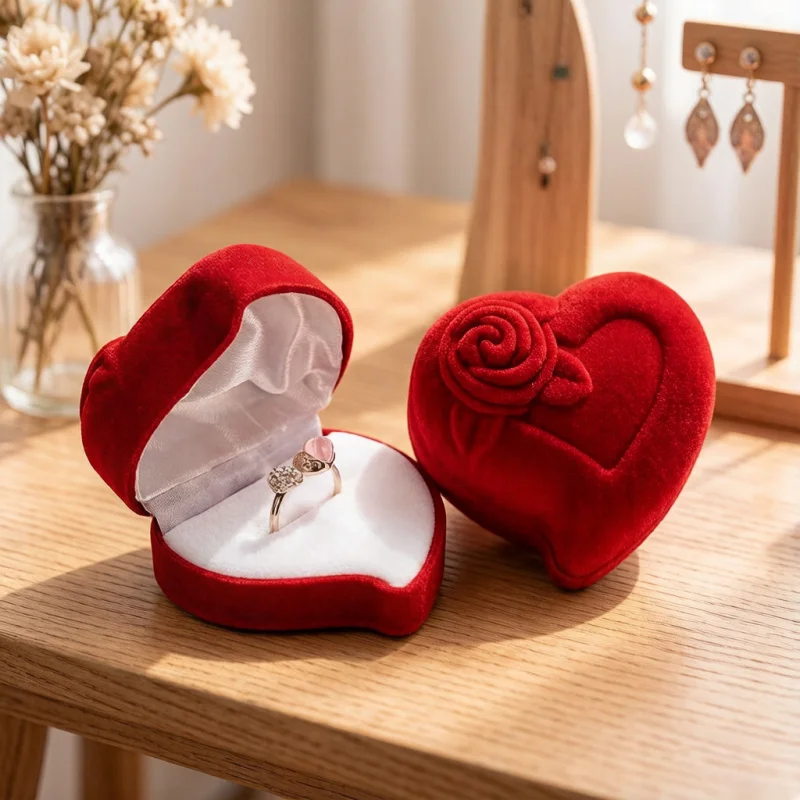 

Heart Shape Velvet Ring Box, Jewelry Display Engagement Wedding Case, Rose Flower Design Gift Holder for Couple