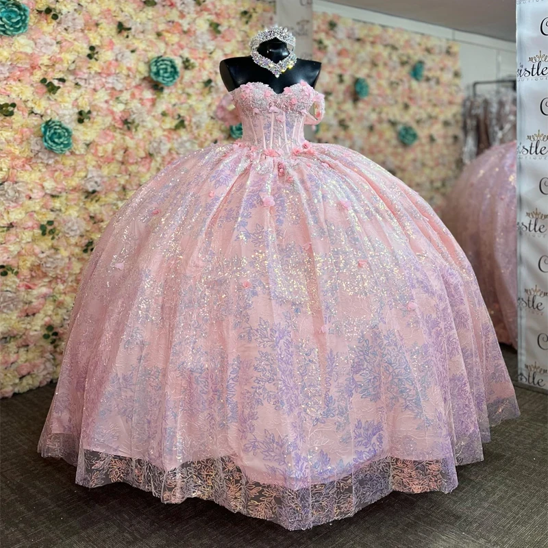 Pink Shiny Sweetheart Off The Shoulder Ball Gown Quinceanera Dress For Girls Beaded Applique Birthday Party Gowns Prom Dresses V